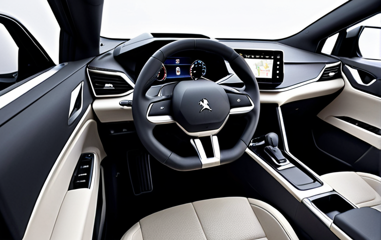 A sophisticated Peugeot 3008, showcasing its distinct French flair. Emphasize its elegant, futuristic exterior with signature LED 'claw' daytime running lights and sleek lines. The interior should highlight the unique i-Cockpit concept: a small, sporty steering wheel and a high-set digital instrument display, surrounded by premium materials and subtle ambient lighting, conveying a sense of comfort and advanced design.